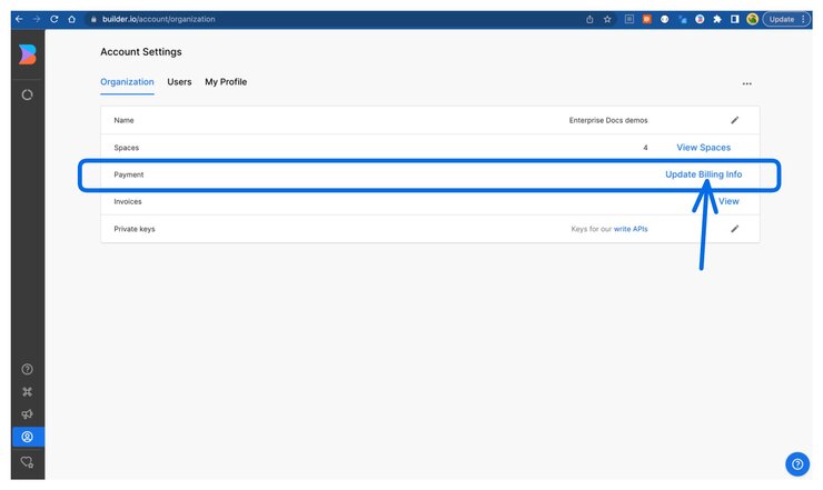 Screenshot of Organization Account Settings with the Payment area encircled with an arrow pointing at "Updated Billing Info".