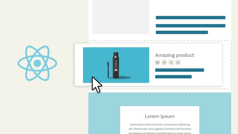 Mouse cursor dragging a product component into a web page layout next to a React logo.