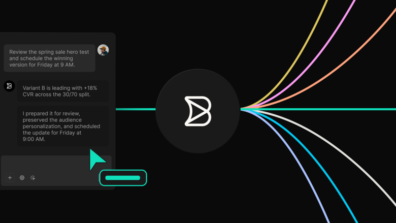 An AI chat interface showing a user request to review a spring sale hero test and schedule the winning variant, followed by a system confirmation that variant B is performing well and has been scheduled for Friday at 9:00 AM.
