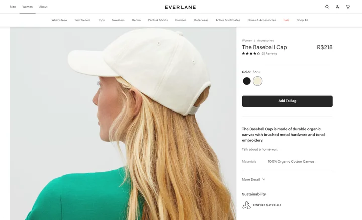 Everlane product detail page for The Baseball Cap