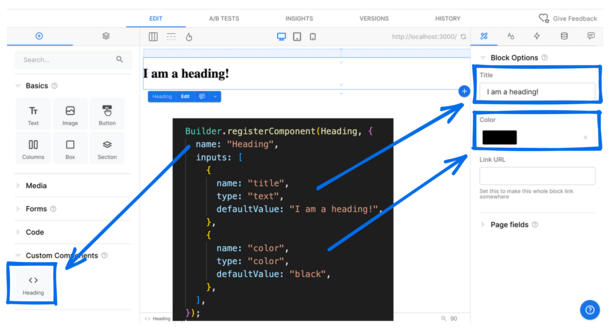 Screenshot of Builder Visual Editor with custom component code snippet with arrows from code to their corresponding elements in the UI.