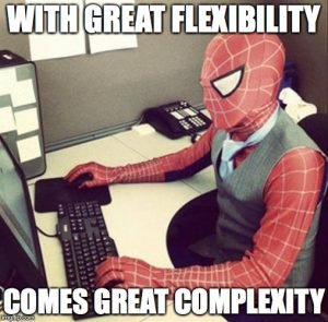An image of spiderman sitting in front of a computer in office attire with the text "with great flexibility comes great complexity" 