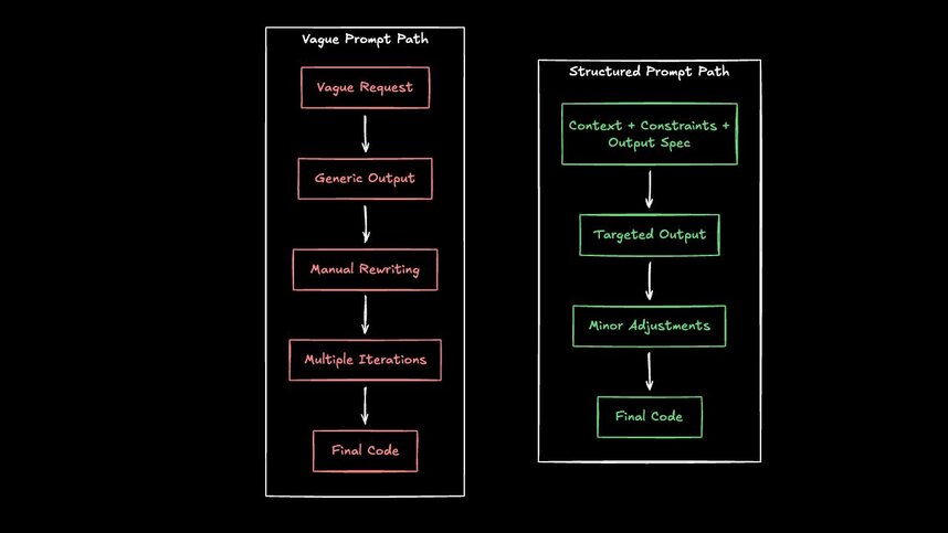 Comparison diagram contrasting a vague prompt path with many rewrites and iterations versus a structured prompt path using context, constraints, and output specs to reach final code faster.