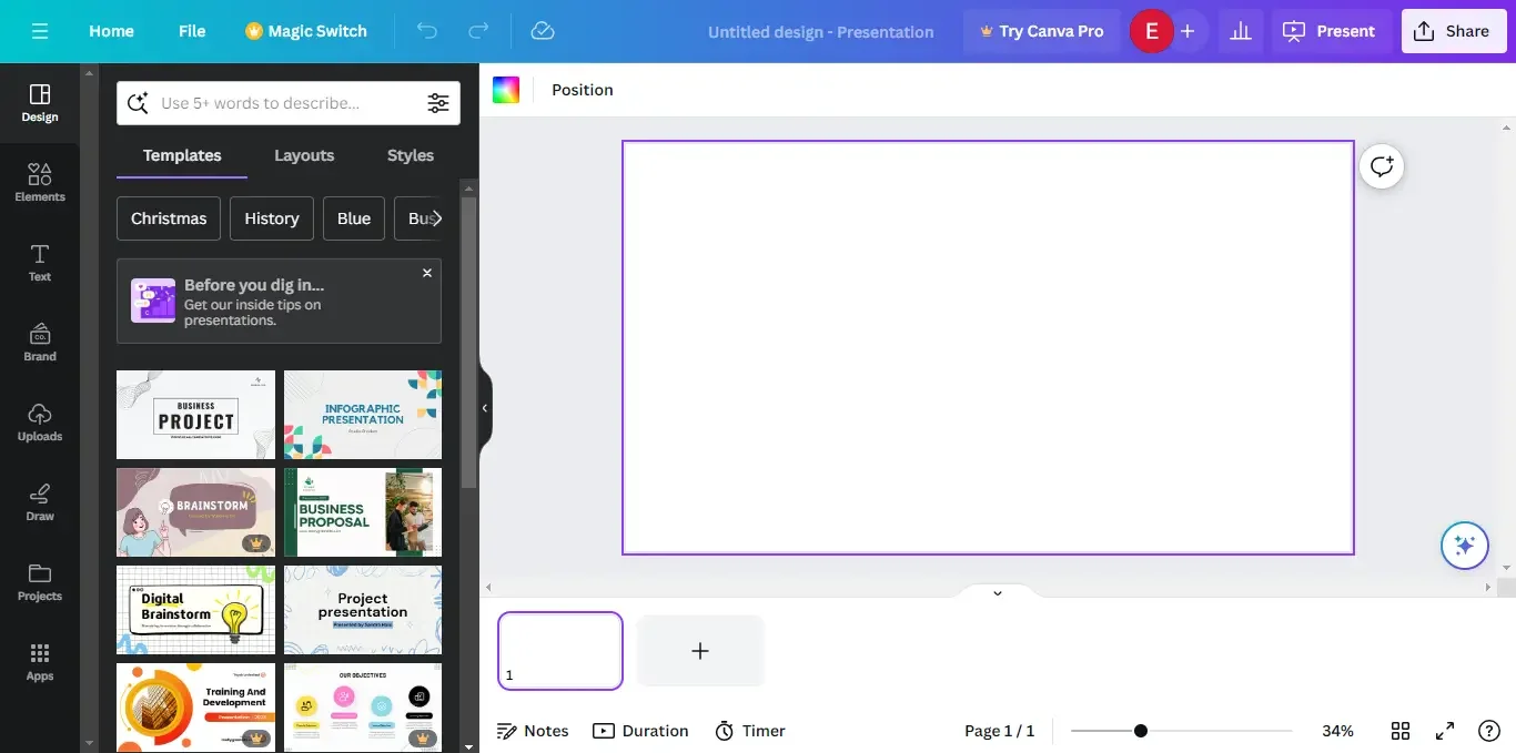 Canva presentation editor with templates, slide canvas, and editing controls