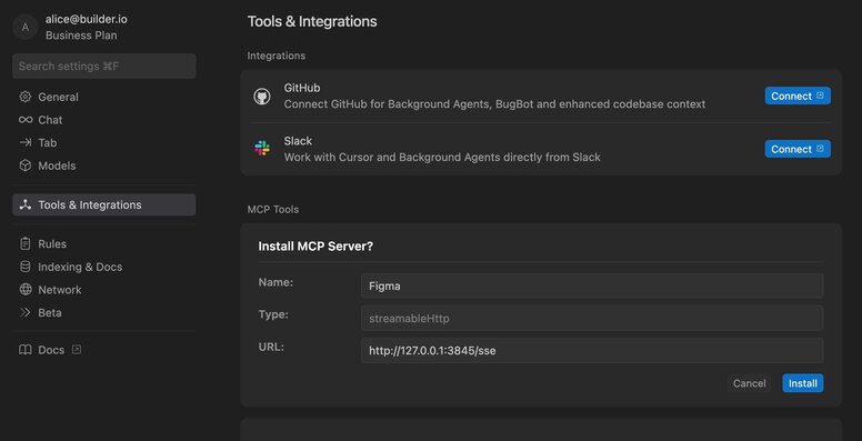 The "Install MCP Server?" dialog within Cursor's settings. The dialog is pre-filled with the details for Figma, including its name, type, and a local URL, with an "Install" button at the bottom.