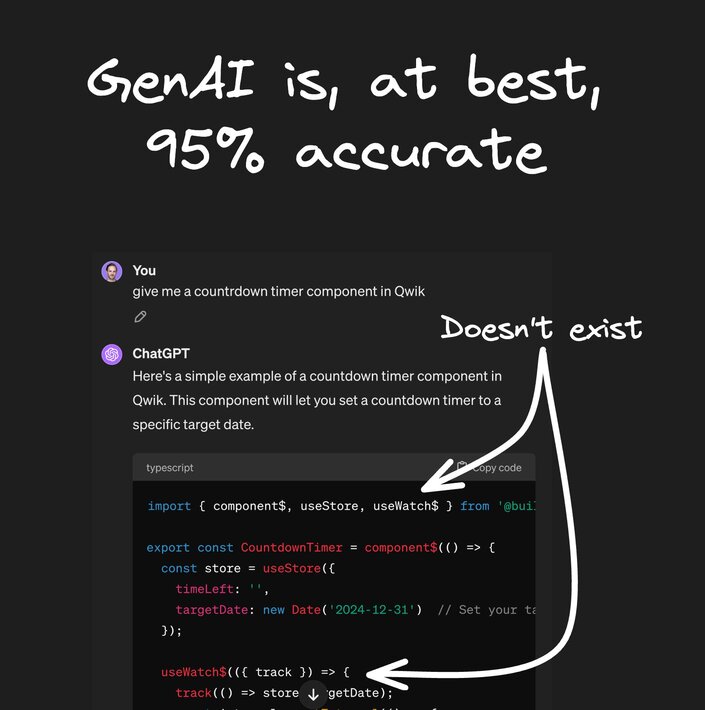 Image with a caption that says "Gen AI is, at best, 95% accurate" with a note on a ChatGPT code snippet that says "doesn't exist". This image shows how AI can confidently generate nonsensical code.
