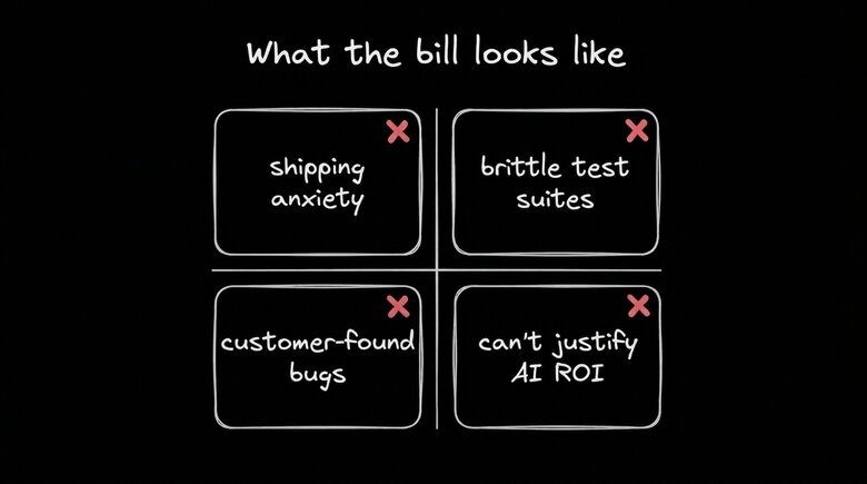 A two-by-two grid labeled "What the bill looks like" displays four common software development challenges, each marked with a red X. The boxes are labeled: "shipping anxiety," "brittle test suites," "customer-found bugs," and "can't justify AI ROI.