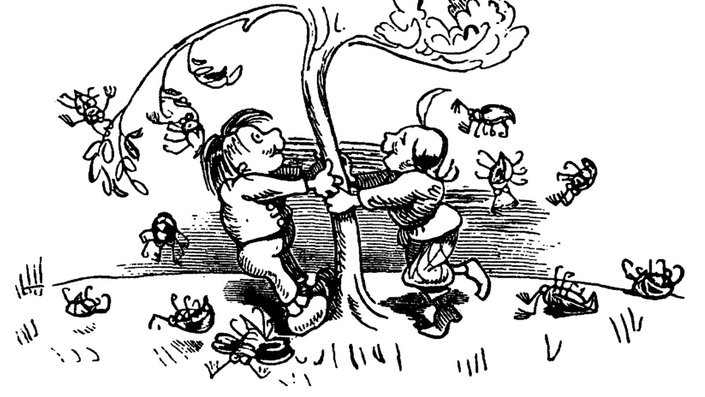 an illustration of two people shaking a tree.