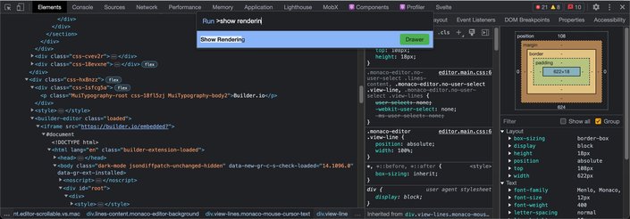 A screenshot of a search in the command palette in chrome devtools for "show rendering".