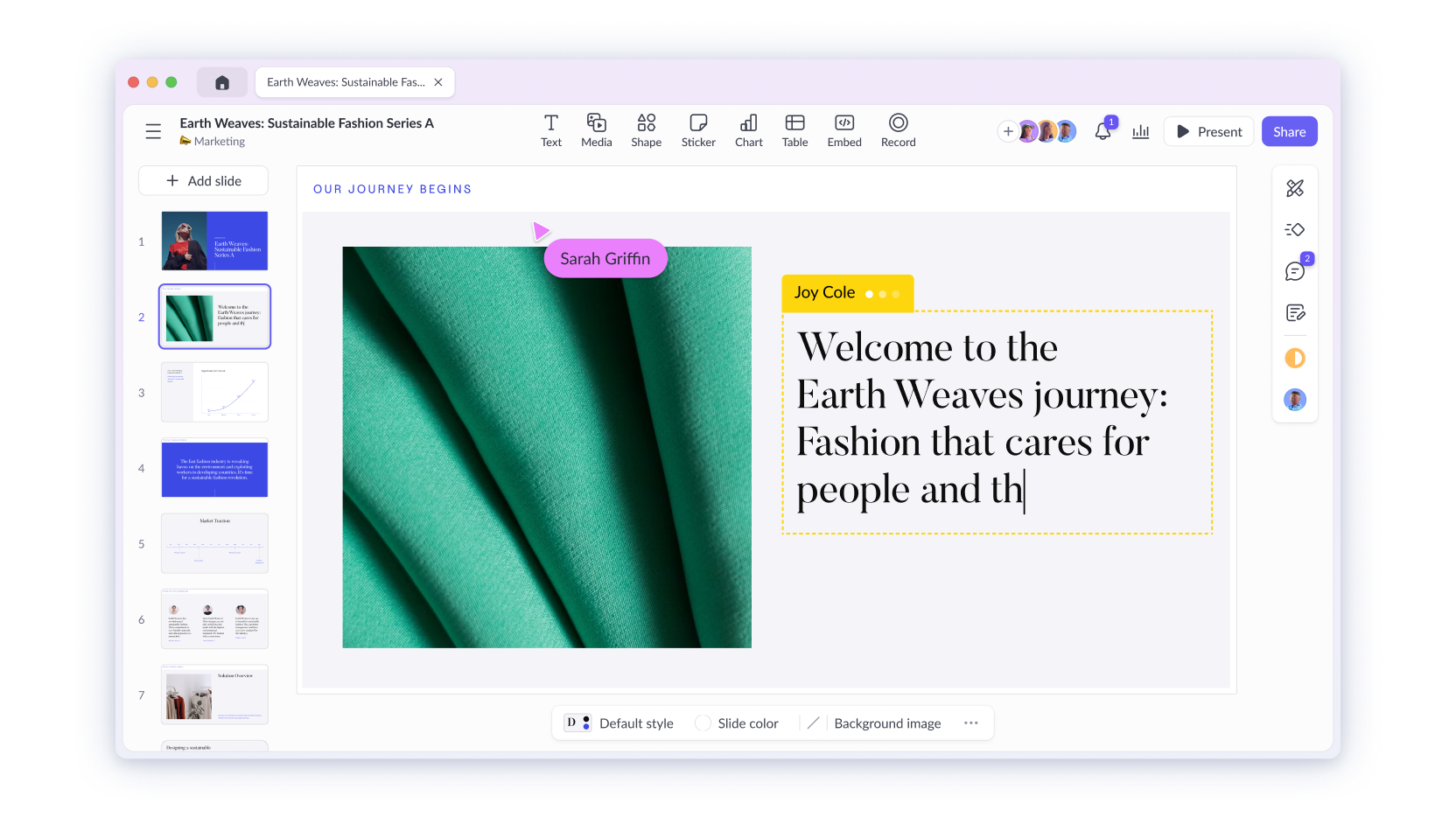 Pitch editor showing a collaborative presentation with slide thumbnails and teammate cursors