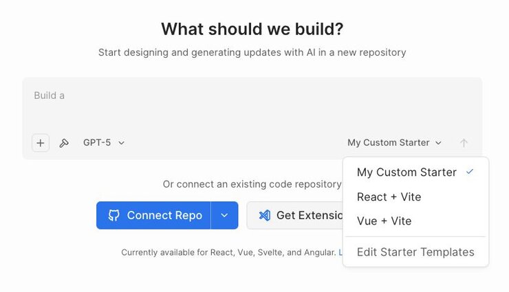 Fusion main screen displaying a custom starter called "My Custom Starter" currently selected.