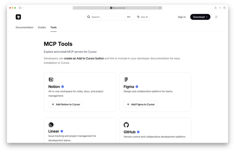 The Cursor "MCP Tools" directory. It shows a grid of available integrations including Notion, Figma, Linear, and GitHub, each with a button to "Add to Cursor.”