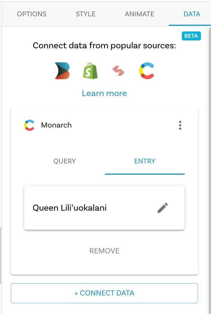 One monarch in the Data tab as an entry.