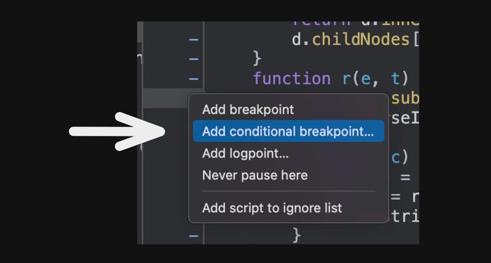 Screenshot of chrome devtools pointing to "add conditional breakpoint"