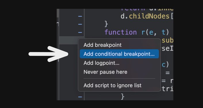 Screenshot of chrome devtools pointing to "add conditional breakpoint"