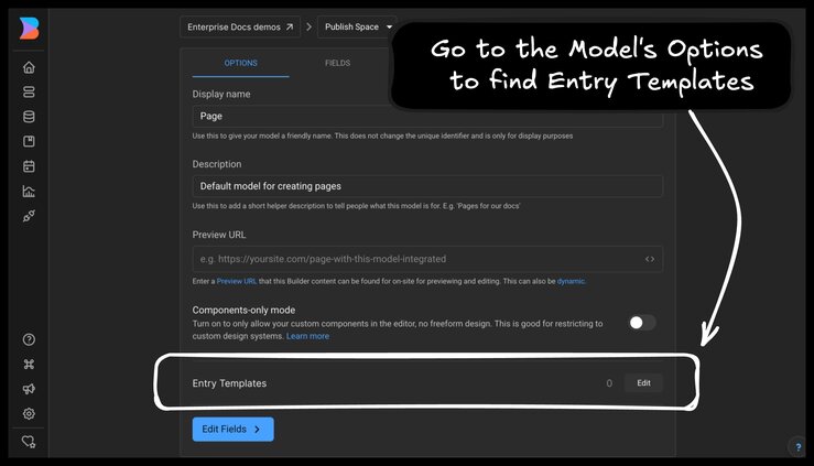 Screenshot of a model with Entry templates pointed out and a note that says Go to the Model Options, to find Entry Templates.