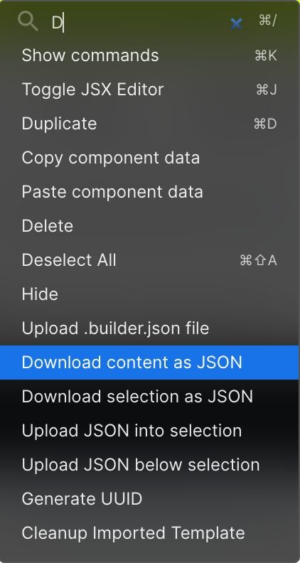 Screenshot of the context menu within the Visual Editor. The option to Download Content as JSON is highlighted.