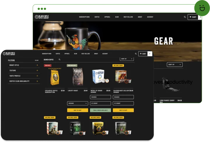 Black Rifle Coffee Company gear and coffee product listing pages