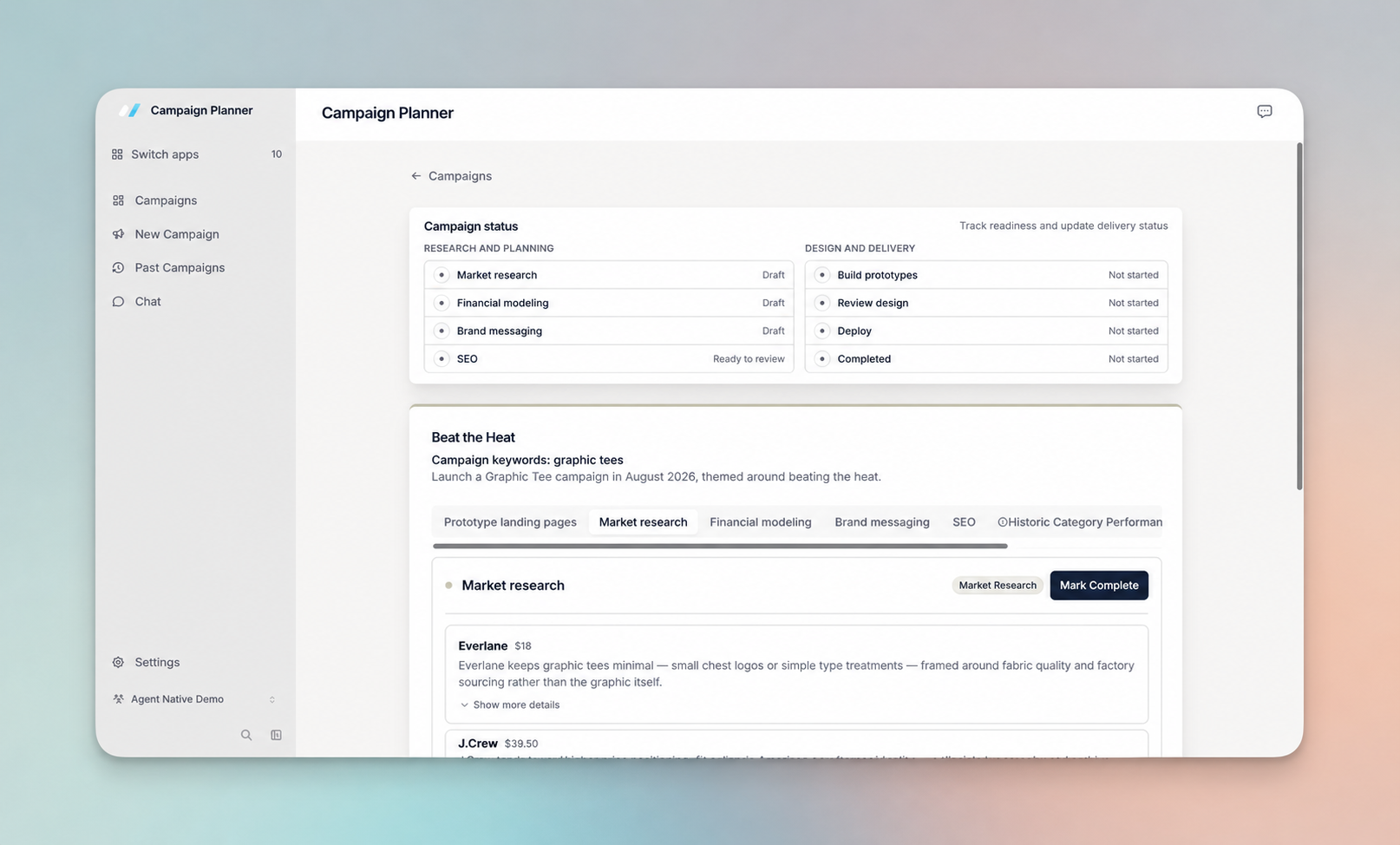 Campaign Planner interface showing a Beat the Heat campaign dashboard with status trackers for Research and Planning tasks like Market research, Financial modeling, and Brand messaging, alongside a detailed Market research view highlighting Everlane competitor data.