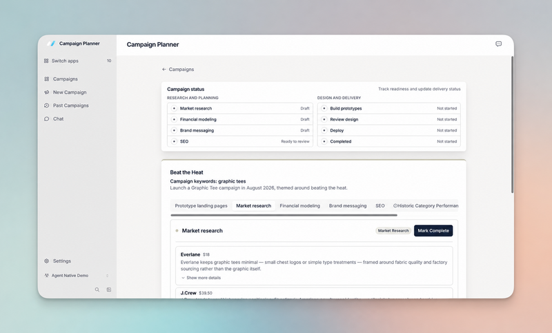 Campaign Planner interface showing a Beat the Heat campaign dashboard with status trackers for Research and Planning tasks like Market research, Financial modeling, and Brand messaging, alongside a detailed Market research view highlighting Everlane competitor data.