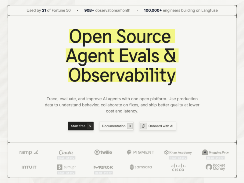 Langfuse landing page showing a headline about open-source agent evaluations and observability, along with call-to-action buttons and a list of partner company logos.