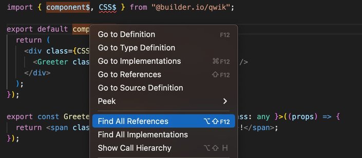 a screenshot from an IDE showing "find all references" option in dropdown menu.