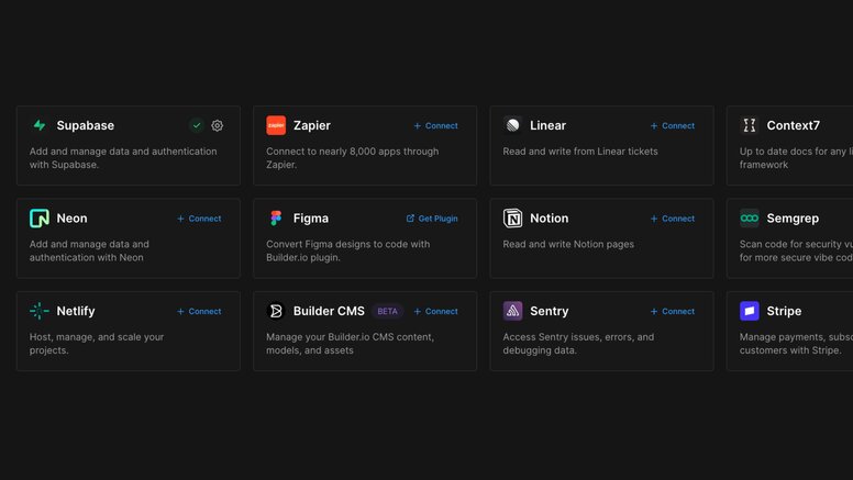MCP Servers UI, including Supabase, Neon, Netlify, Zapier, Figma, Builder CMS, Linear, Notion, Sentry, Context7, Semgrep, Stripe, and more