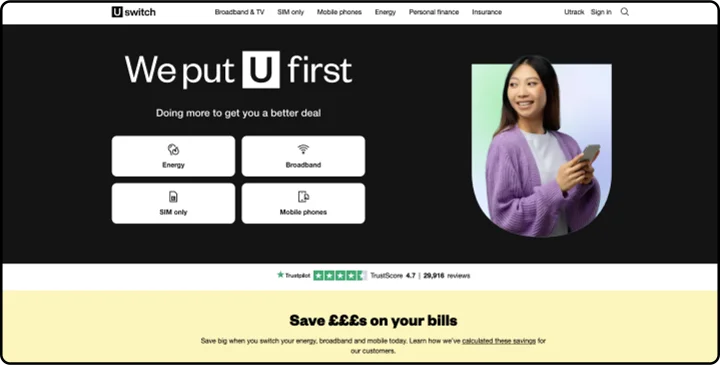 Uswitch homepage with energy, broadband, SIM only, and mobile phone comparison options
