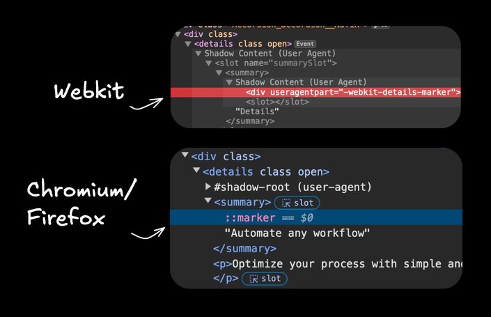 A comparison of webkit and chromium/firefox, highlighting where the details default styling is located.