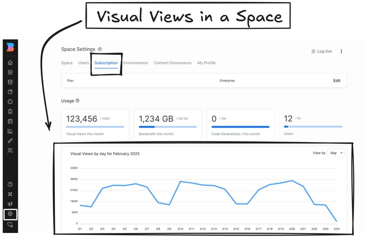 Screenshot of the Subscription tab in  Space Settings with the Visual Views chart pointed out with a note that says "Visual Views in a Space".