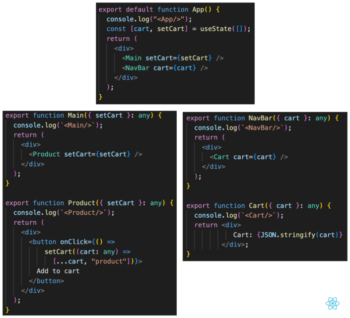 a screenshot of three components in React that make up the code for a shopping cart.