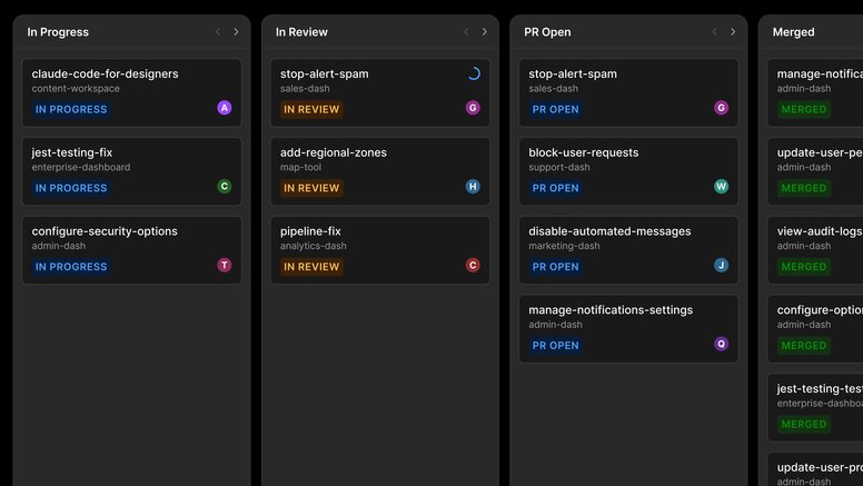 Builder.io kanban board showing dozens of agent tasks across four columns — In Progress, In Review, PR Open, and Merged — demonstrating how teams can track hundreds of concurrent AI agents from a single view as cards automatically move through each stage