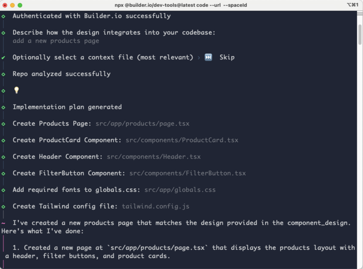 Builder Figma CLI tool in progress after having been prompted with a design and the prompt "add a new products page".