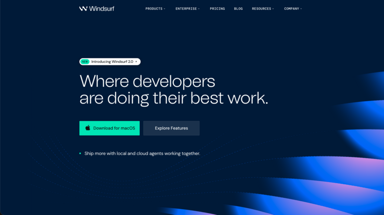 Windsurf IDE website homepage featuring a dark blue interface with a download button for macOS, an explore features button, and a promotional header announcing Windsurf 2.0.