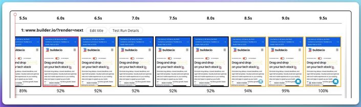 An image of the filmstrip output from WebPageTest of Builder.io's Next.js site version load time.