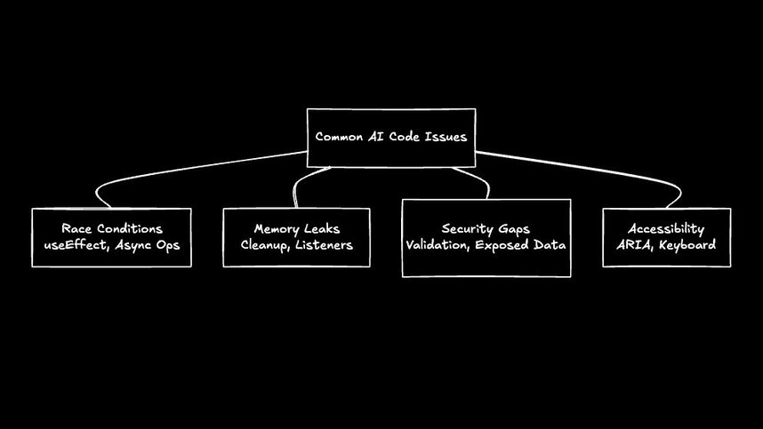 Diagram titled “Common AI Code Issues” branching into race conditions, memory leaks, security gaps, and accessibility problems, with examples listed under each category.