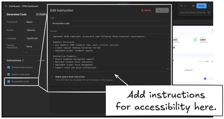 Image from Visual Editor of the Generated Code section open and the Edit Instruction window open. This is where you enter your instructions. An annotation says "Add general instructions here".