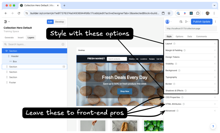 Image of the Style Tab that advises the user to, "Style with these options: Layout, Visibility, Background, Typography, Margin & Padding, Border, and Shadows & effects.  Then, a second note states that the last three sections, Css Properties, HTML Attributes, and Advanced, are best left to front-end pros. 