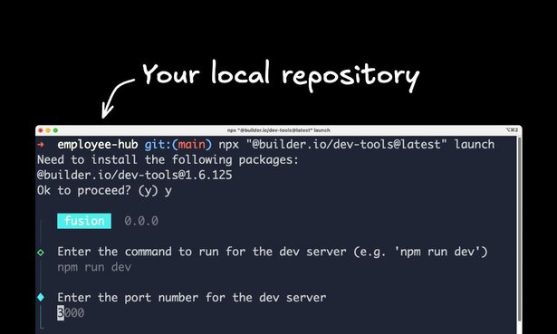 Command-line interface running the Builder launch command with the text "Your local repository" above it with an arrow pointing towards the interface.
