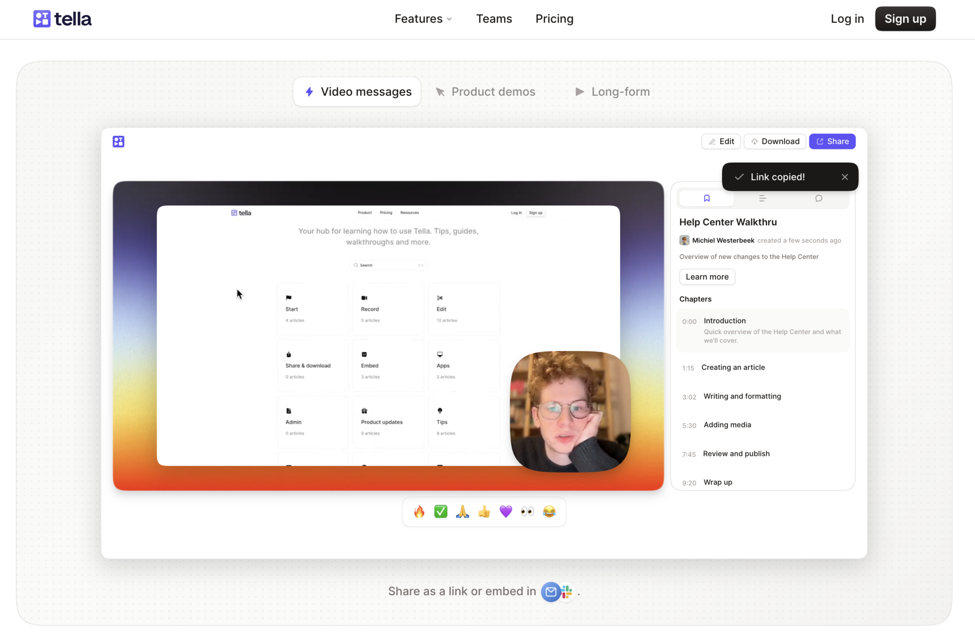 Tella dashboard showing a video titled Help Center Walkthrough with a speaker preview, chapter timestamps, and interface options to edit or share the recording.