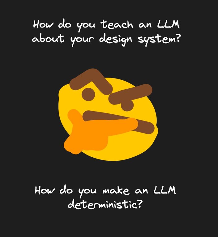 A thinking emoji is featured in the center of this image, and at the top is a question that reads how do you teach an LLM about your design system the next question at the bottom reads how do you make an LLM deterministic?