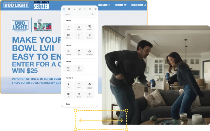 Bud Light Super Bowl LVII sweepstakes page being edited alongside a video still in the Builder.io visual editor