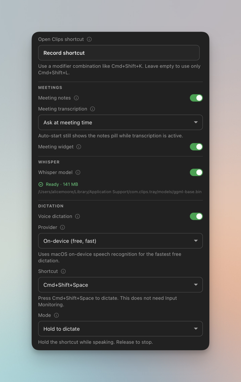 The Clips desktop application settings menu featuring toggles for meeting notes, transcription, and Whisper model integration, alongside dictation preferences including provider selection, hotkey configuration, and input mode settings.