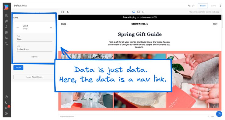 Image of data listed in a nav collection of links with just one link. The copy in the image says, "Data is just data. Here, the data is a nav link."