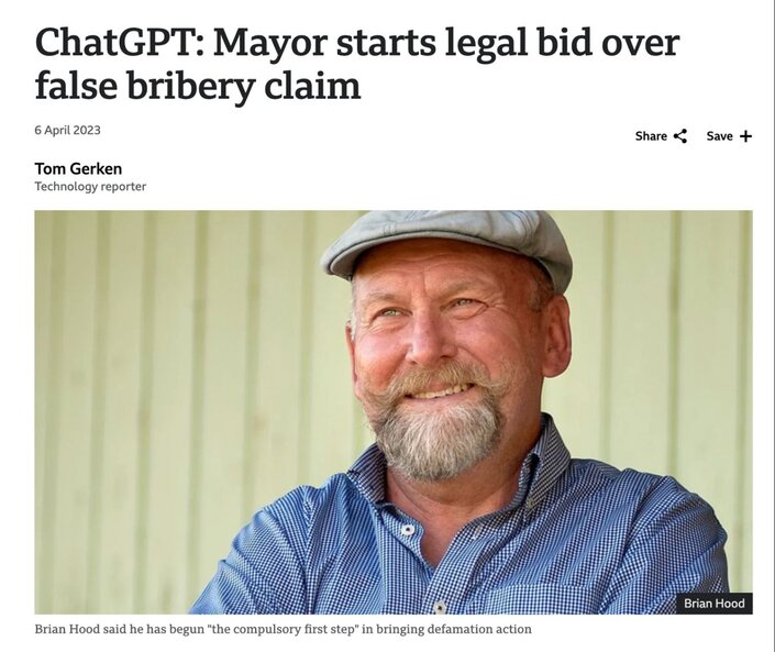 A news article titled "ChatGPT: Mayor starts legal bid over false bribery claim" with an image of Brian Hood.