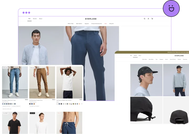 Everlane product listing and collection pages showing menswear and accessories