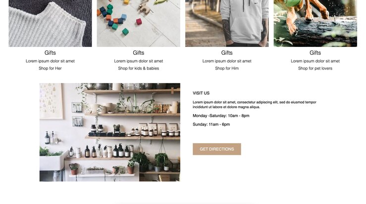Image of a webpage with a section featuring four tiles with placeholder images and copy. There's also another section with a placeholder image that takes about half of the section. The other has copy, and a button.