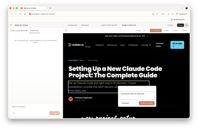A user’s browser window showing a design collaboration tool where a rectangular comment box is attached to a website header, displaying the text "comments stick to elements" alongside a "Comment" button and a "Send to Claude" button.