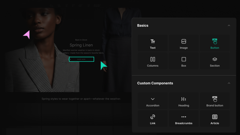 A web editor interface displaying a live preview of a fashion website with a hero section, featuring a "Shop Now" button highlighted by a cursor and a sidebar menu of component blocks for building and customization.