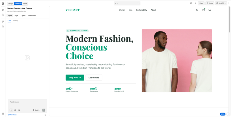 A Fusion Project landing page, showing a running application and several tabs to the left side, including Design, Interact, and Code.